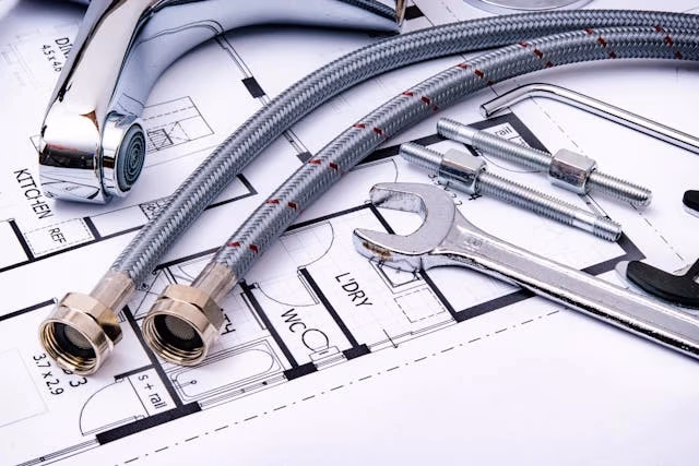 Plumbing tools and fittings laid over a detailed architectural blueprint, including hoses, wrenches, and bolts on the plan.