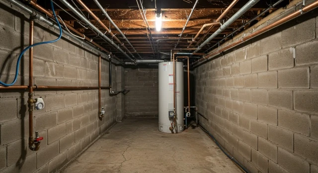 Basement utility room with exposed copper pipes, concrete block walls, and a tall water heater at the far end.