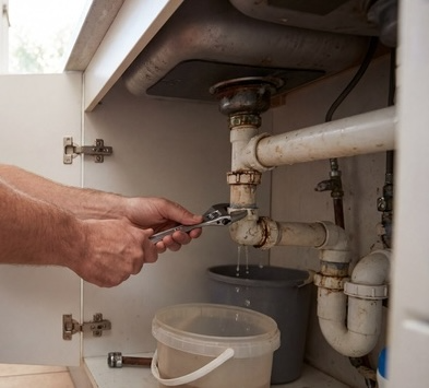 Person using a wrench to tighten a shut-off valve under a kitchen sink in a cabinet.